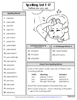 Spelling Word List (F-17) Spelling F Worksheet