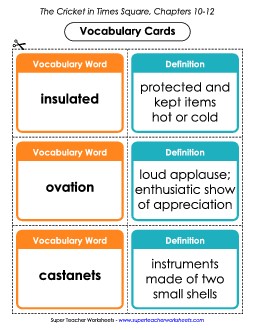 Vocabulary Cards: Chapters 10 - 12 Book The Cricket In Times Square Worksheet