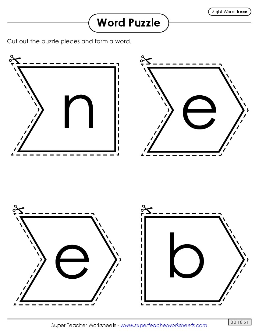 Word Puzzle: Been Sight Words Individual Worksheet