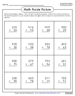 Addition Puzzle Picture: Thanksgiving (3-Digit Plus 2-Digit) Worksheet