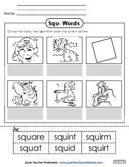 Cut and Glue (Squ- Words) Free Phonics Blends Worksheet