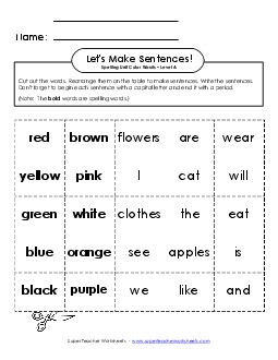 Let\'s Build Sentences (A-Color Words) Spelling A Worksheet