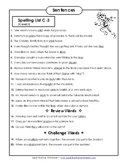 Spelling Test Sentences (C-3) Spelling C Worksheet