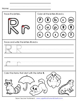 Tracing, Writing, and Recognizing Letter R Alphabet Worksheet