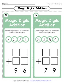 Magic Digits Game (2-Digits; No Carrying) Addition Worksheet