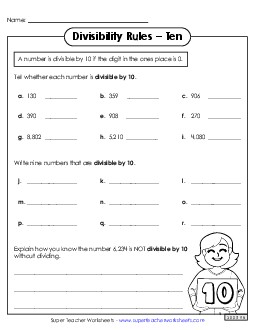 Divisibility Rules: Ten Worksheet