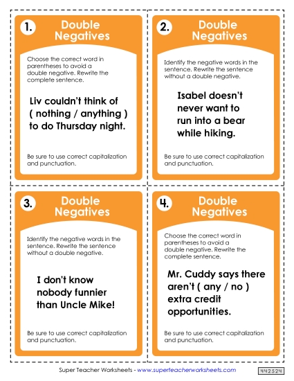 Double Negatives Task Cards Worksheet