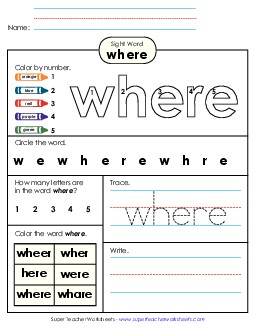 Worksheet 4: Where Sight Words Individual Worksheet