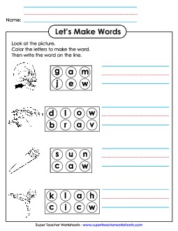 Color the Letters & Write (-aw) Word Families Worksheet