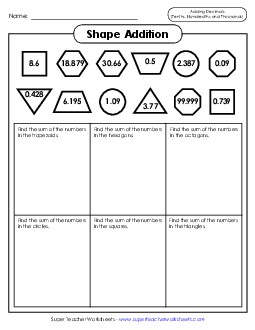 Decimal Shape Addition (Tenths, Hundredths, Thousandths) Decimals Worksheet