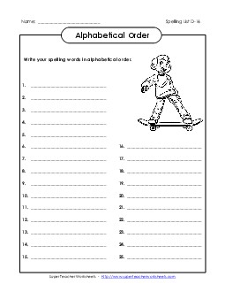 ABC Order: Write List (D-16) Spelling D Worksheet