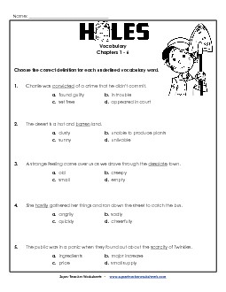 Vocab for Chapters 1-6 Free Book Holes Worksheet