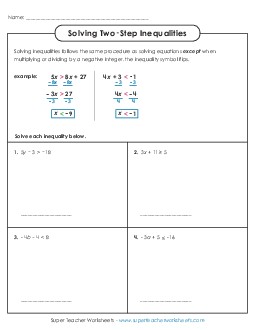 Solving Two-Step Inequalities (Basic) Free Worksheet