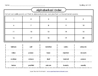 ABC Order: Cut and Glue (E-23) Spelling E Worksheet