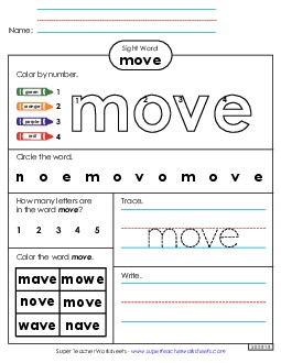 Worksheet 4: Move Sight Words Individual Worksheet