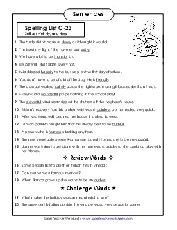 Spelling Test Sentences (C-23) Spelling C Worksheet