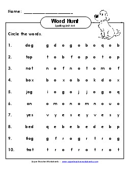 Horizontal Word Hunt (A-4) Spelling A Worksheet