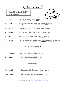 Spelling Test Sentences (A-27) Spelling A Worksheet