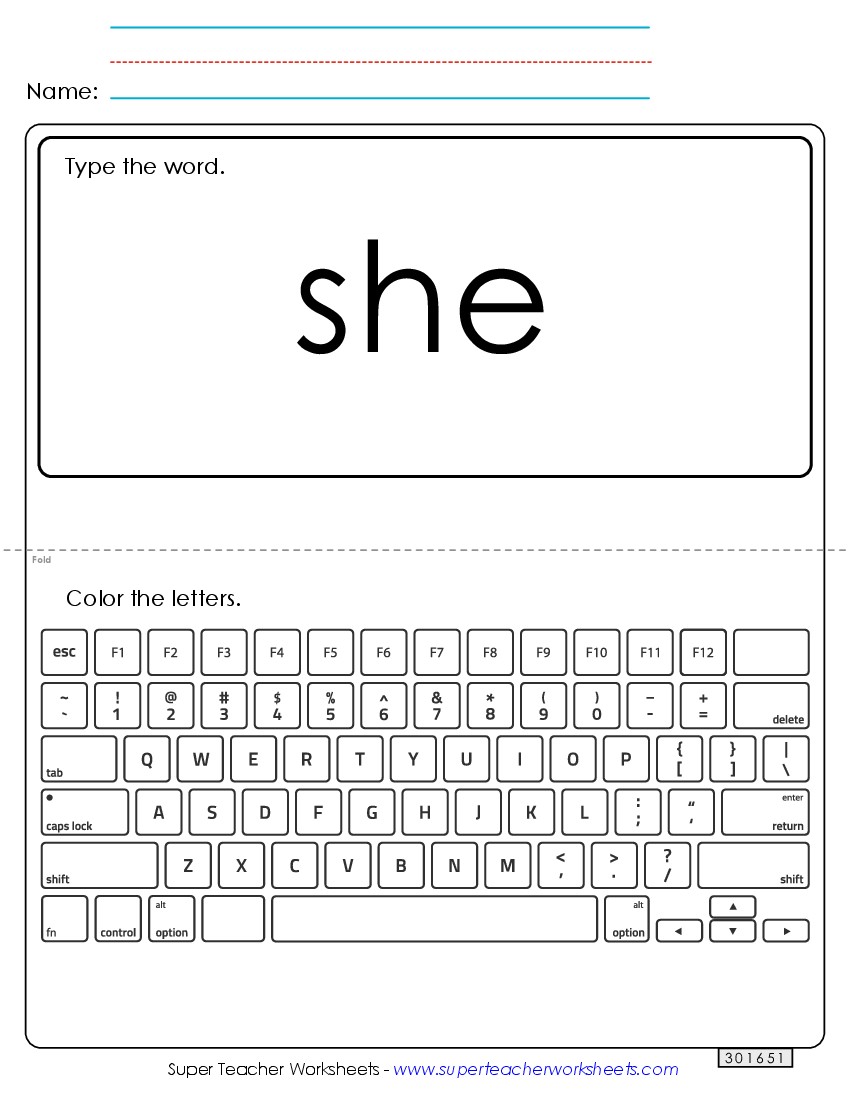 Type the Word: She Sight Words Individual Worksheet