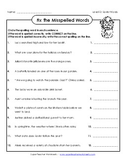 Fix the Misspelled Words (D-Easter)  Spelling D Worksheet