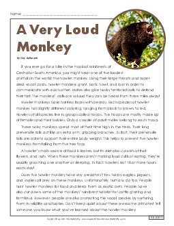 A Very Loud Monkey 5th Grade Reading Comprehension Worksheet