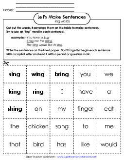 Make Sentences: Word Cards (-ing) Word Families Worksheet