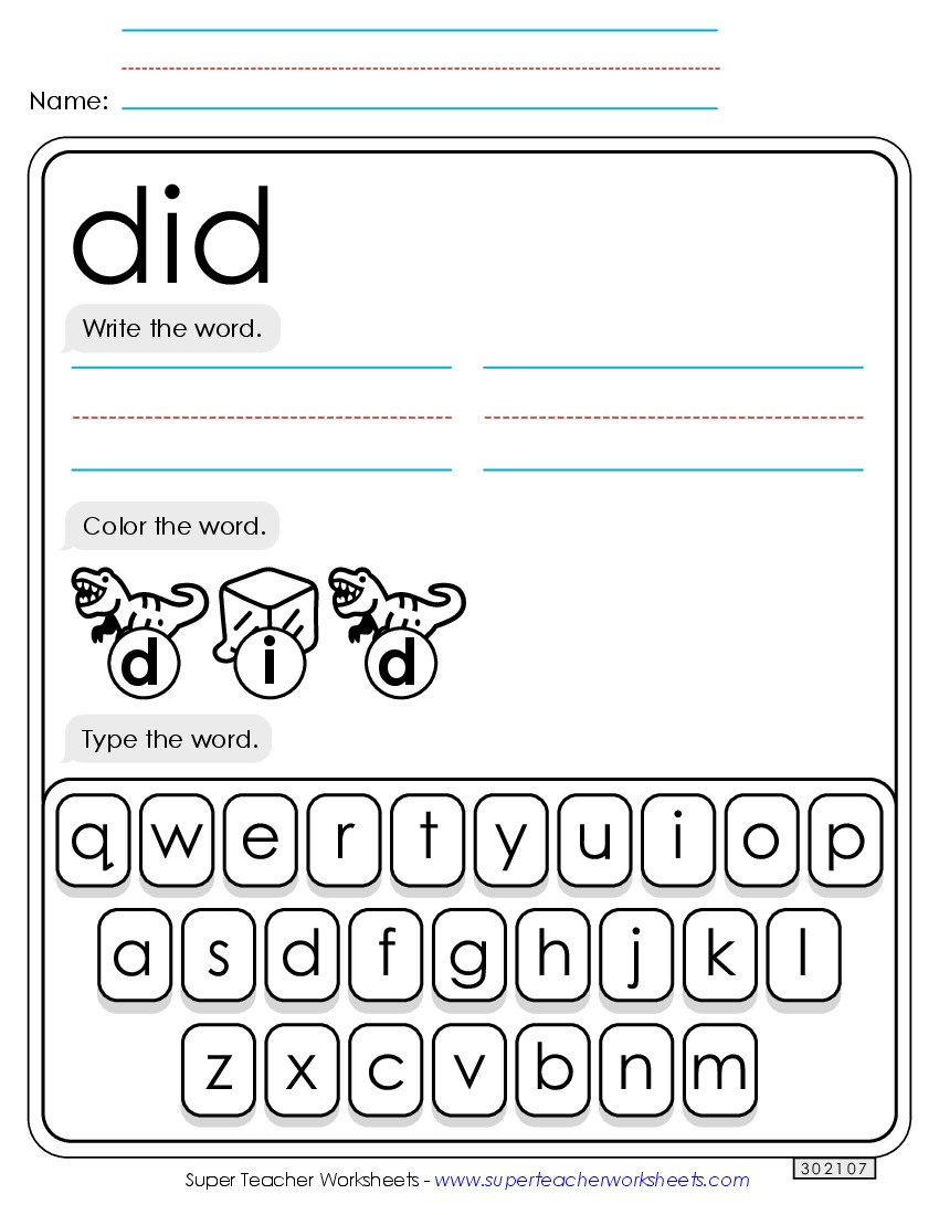 Write, Color, Type: Did Sight Words Individual Worksheet