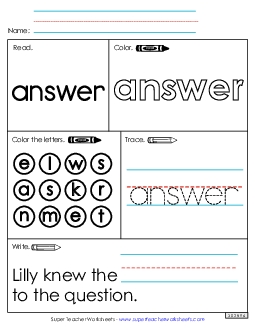 Worksheet 1: Answer Free Sight Words Individual Worksheet