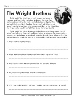 The Wright Brothers (Short Biography) 5th Grade Reading Comprehension 5th Grade ELA Worksheet