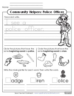 Mixed Literacy Skills: Police Officer Community Helpers Worksheet