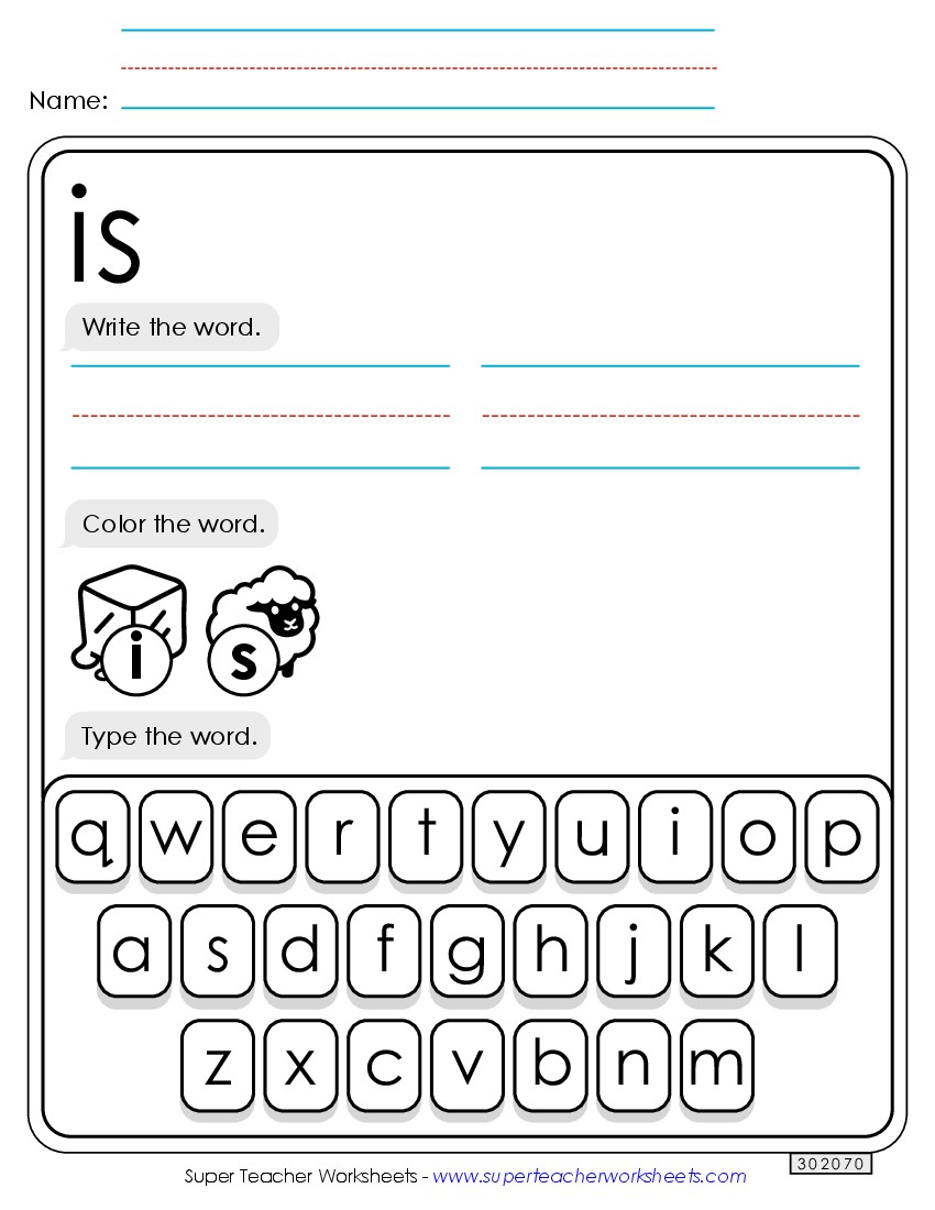 Write, Color, Type: Is Sight Words Individual Worksheet