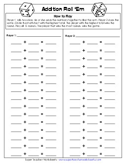 Addition Dice Game (Two Players) Worksheet