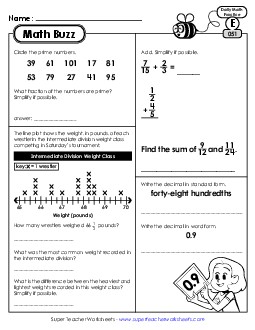 Math Buzz: Week 11 Worksheets 51 through 55 Daily Math Review Worksheet