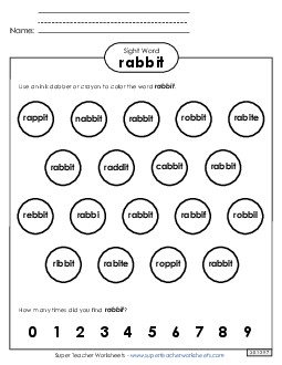 Dab or Color: Rabbit Sight Words Individual Worksheet