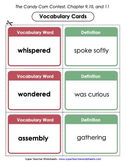 Vocabulary Cards for Chapters 9-11 Book Candy Corn Contest Worksheet