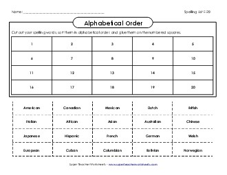 ABC Order: Cut-and-Glue (E-28) Spelling E Worksheet