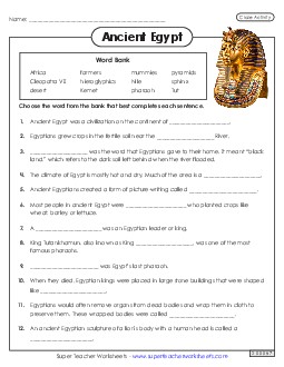 Ancient Egypt Cloze 6th Grade Social Studies Worksheet