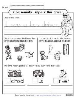 Mixed Literacy Skills: Bus Driver Community Helpers Worksheet