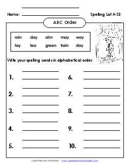 ABC Order: Write List (A-23) Spelling A Worksheet