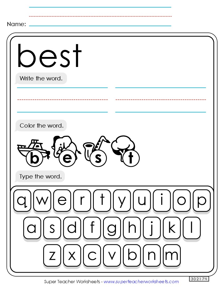 Write, Color, Type: Best Sight Words Individual Worksheet