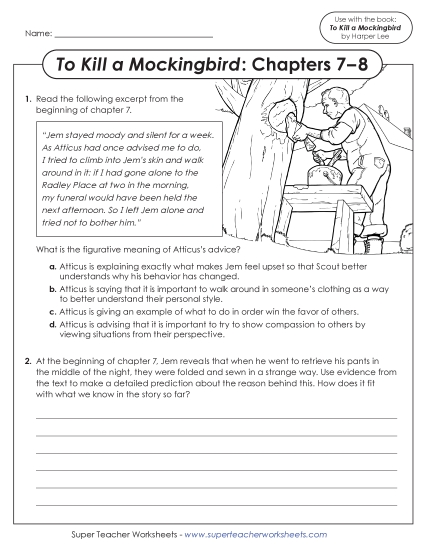New Questions for Chapters 7–8<br>To Kill a Mockingbird Worksheet