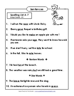 Spelling Test Sentences (A-7) Spelling A Worksheet