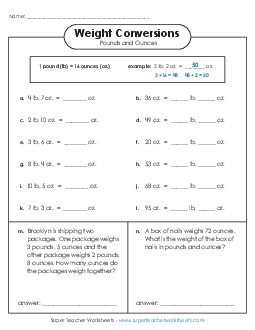 Converting Pounds and Ounces Measurement Worksheet