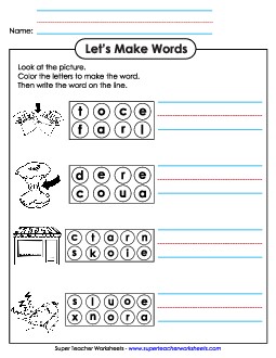 Color the Letters & Write (-ore) Word Families Worksheet