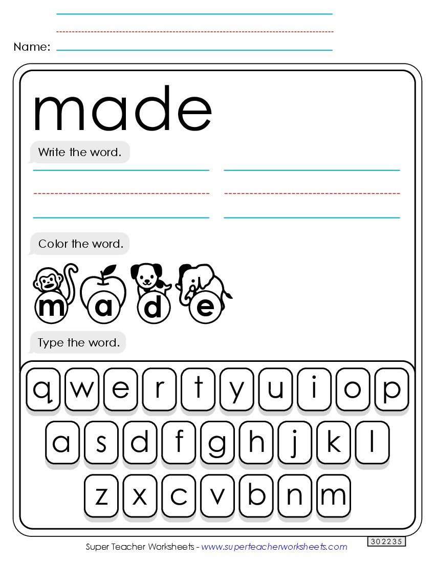 Write, Color, Type: Made Sight Words Individual Worksheet