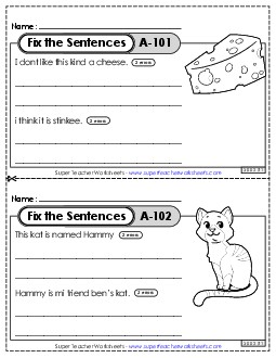 Fix the Sentences A-101 through A-105 Worksheet