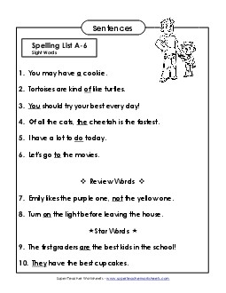 Spelling Test Sentences (A-6) Spelling A Worksheet