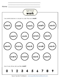 Dab or Color: Work Sight Words Individual Worksheet