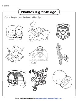 Color DGE Pictures Phonics Trigraphs Worksheet