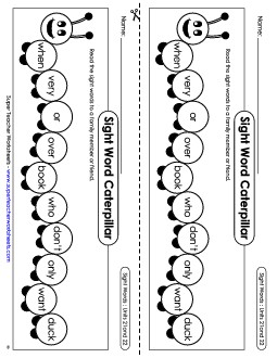 Sight Word Caterpillar: Units 21 and 22 Sight Words Worksheet